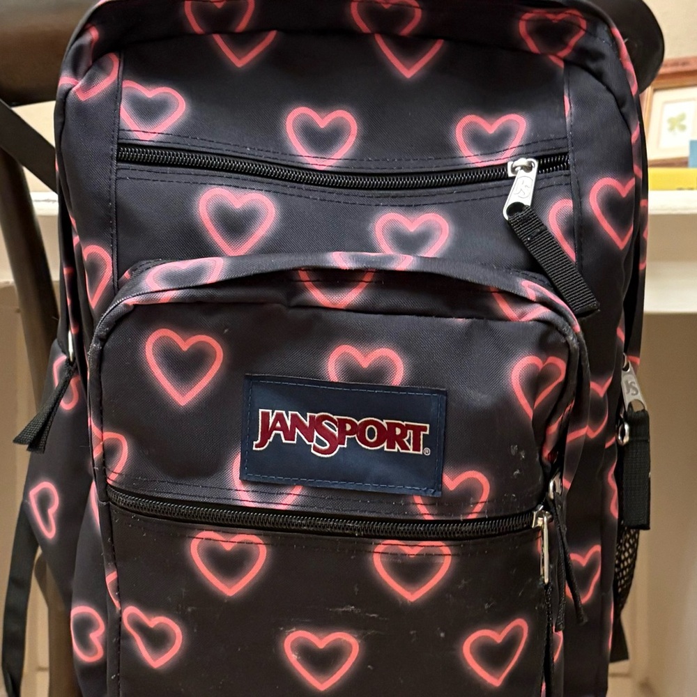JanSport Black and Pink Heart Backpack